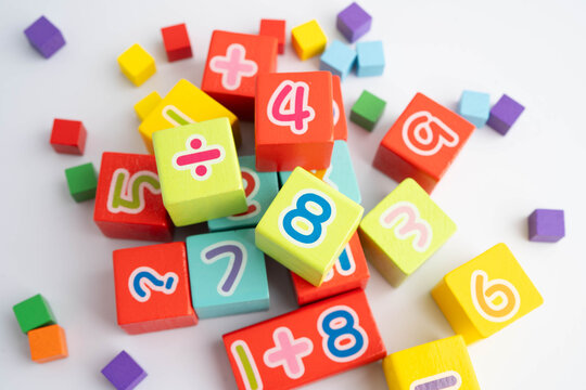 Number wood block cubes for learning Mathematic, education math.