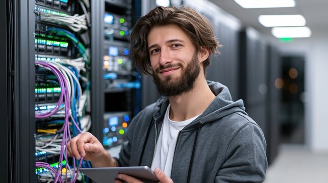 Young IT technician connecting cables in a server room with a tablet during data center maintenance with soft overhead lighting