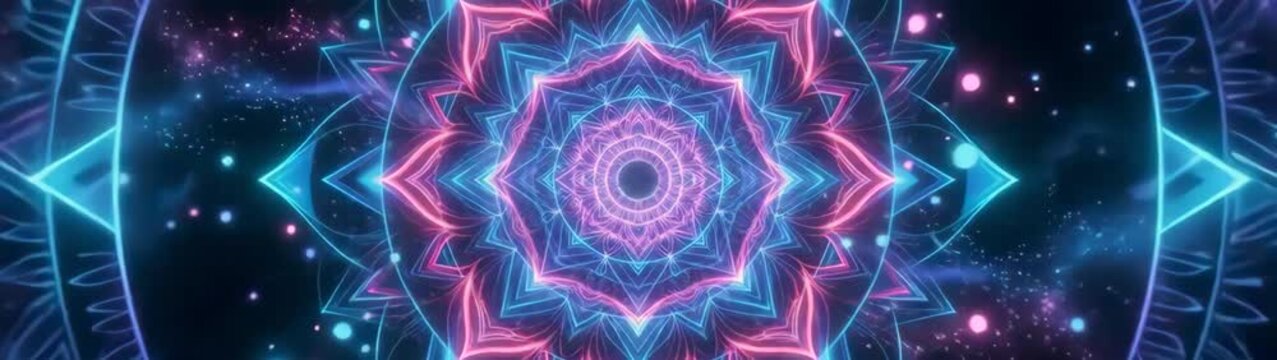 Meditation and mindfulness concept glowing neon mandala pattern rotating in dark space spiritual zen background with sacred geometry and light particles.