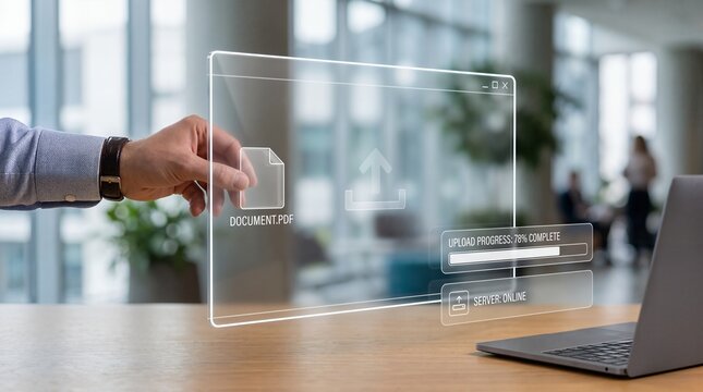 Professional using digital cloud storage and holographic file transfer technology for document management.