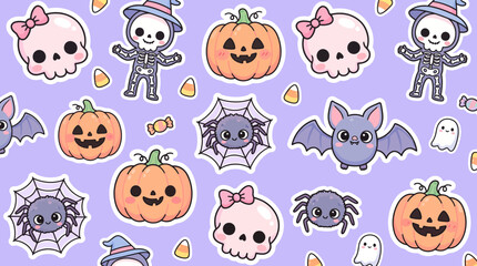 Fototapeta premium Cute Kawaii Halloween Pattern with Spooky Pumpkins Skulls and Friendly Bats for Festive Seasonal Backgrounds
