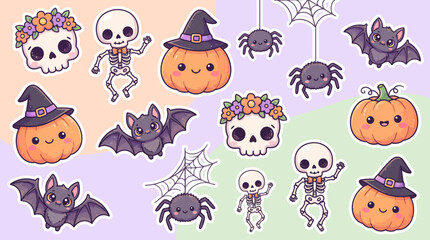 Fototapeta premium Cute Kawaii Halloween Character Sticker Set Featuring Adorable Pumpkins Skulls Bats and Spiders for Seasonal Holiday Decorations