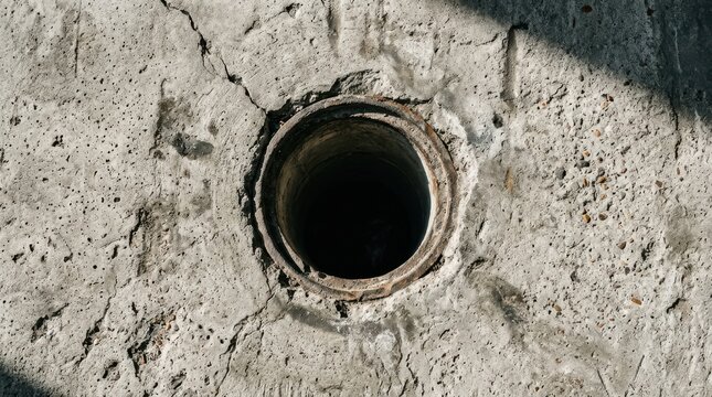 Deep dark circular hole in raw weathered grey concrete surface with rustic metal pipe lining showing profound depth and rough textured structural