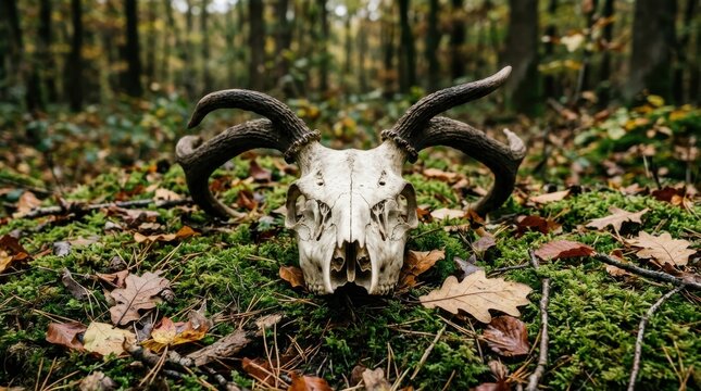 Deer skull with large impressive antlers resting on green moss and fallen autumn leaves inside a dark mysterious forest wildlife scene