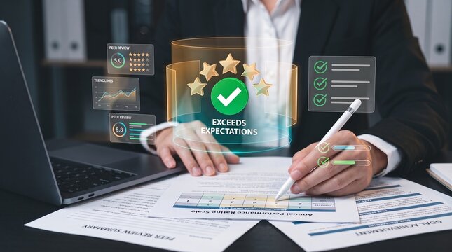 employee performance appraisal. exceeds expectations rating with five star review. peer feedback scorecard. professional using stylus on annual rating scale document.

