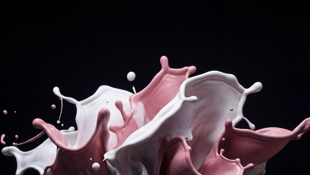 Milk and pink liquid splash together dramatically against a dark black background during a high speed shoot.