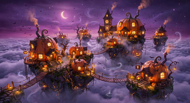 Floating pumpkin houses in a night sky above clouds with halloween