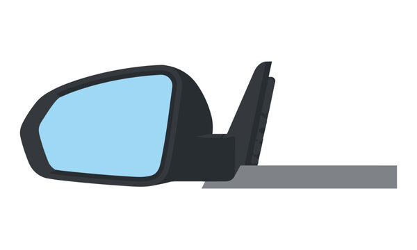 Minimalist flat design of a car side mirror in profile view isolated on white, modern automotive design concept