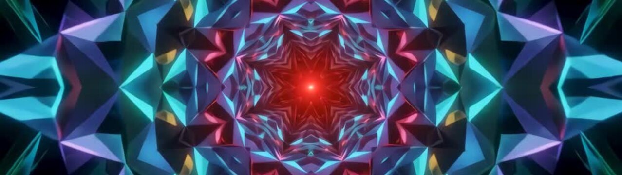 Psychedelic kaleidoscope tunnel abstract neon light patterns and geometric motion background for music visualizer and digital art projects.