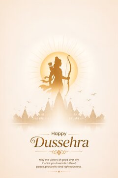 Happy dussehra greeting card with silhouette of lord rama and temple architecture