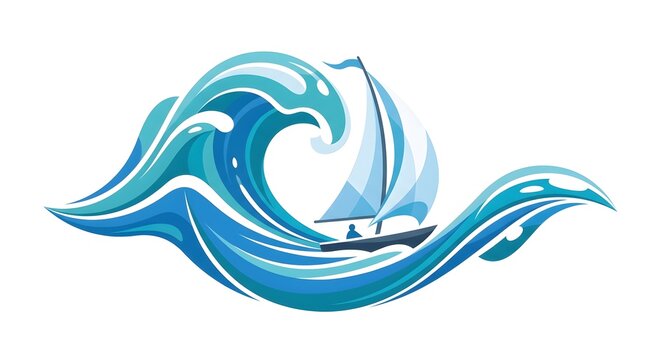 Sailboat riding a massive ocean wave stylized nautical illustration