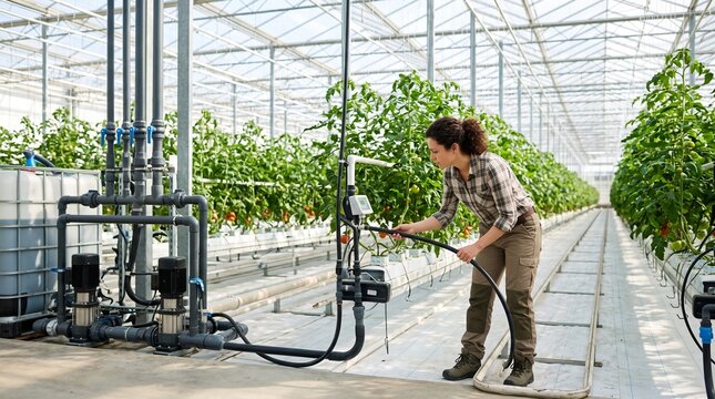 Young Woman in Plaid Shirt Inspecting Hydroponic Tomato System Inside Greenhouse