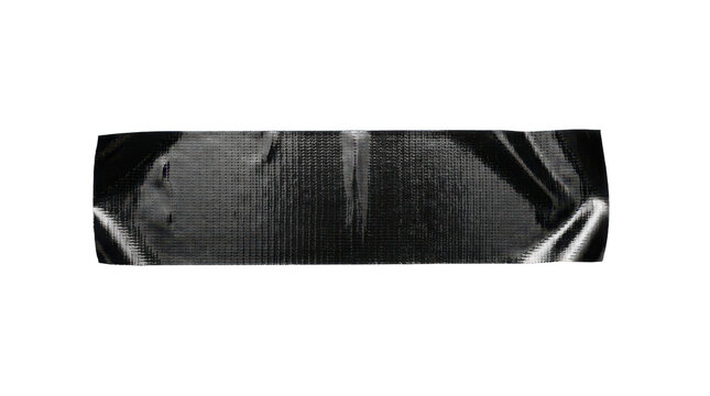 Black duct tape strip with wrinkled texture, industrial adhesive tape piece, dark gaffer tape fragment for design mockups isolated on Transparent Background