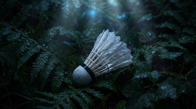 White Badminton Shuttlecock on Dark Forest Fern Leaves with Cinematic Magic Light Sport Concept