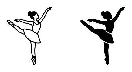 Ballet Dancer Vector Icons, Elegant Female Silhouette, Graceful Performance Art, Classical Dance Poses, Black and White Outline and Solid Fill © Mafuja