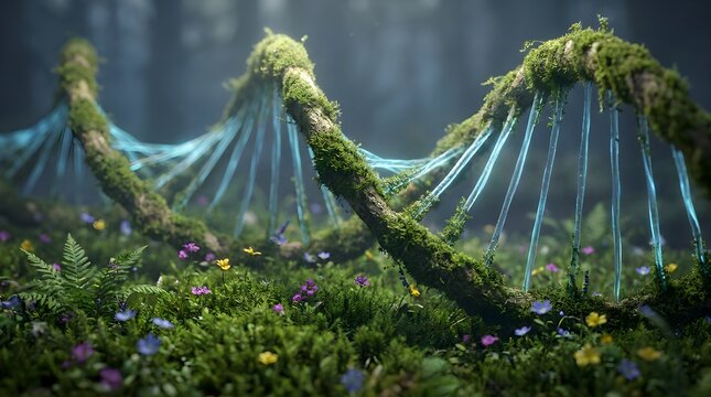 Wide arching moss covered DNA bridge with hanging rung strands stretching across a foggy forest with silhouetted trees, symbolizing the vast hidden architecture of natural genetics