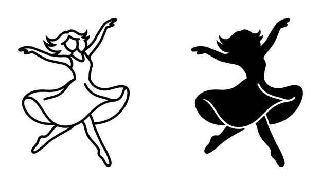 Elegant Dancing Woman Silhouette, Outline Vector Art, Graceful Female Dancer Poses, Ballet Performance Illustration, Modern Artistic Movement Graphics