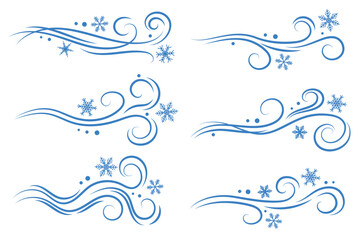Obraz premium Dynamic wind effect with flowing air streams and abstract winter waves. Cold blue motion design with snowflakes for seasonal illustrations and weather backgrounds. Vector