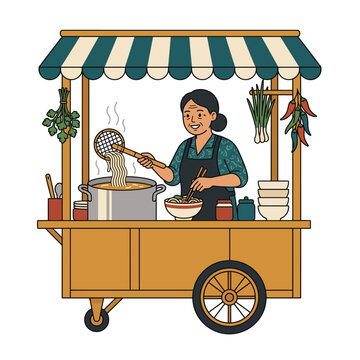 Asian street food cart vector illustration with a woman cooking delicious noodles