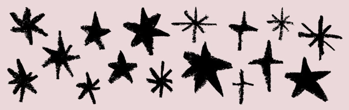 Hand drawn star shapes collection. Crayon or chalk drawing sketch sparkles set with doodle texture