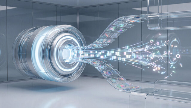 Futuristic glass turbine engine processing digital data streams and glowing information packets.