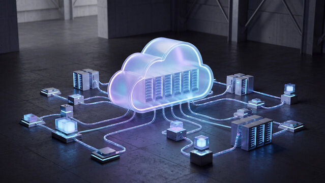 Servers connected to a glowing cloud computing infrastructure inside a dark server room facility.