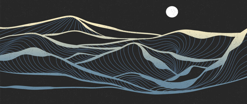 Ocean wave landscape illustration. Creative minimalist modern line art print. Abstract contemporary aesthetic backgrounds landscapes. with Ocean, sea, skyline, wave and moonlight