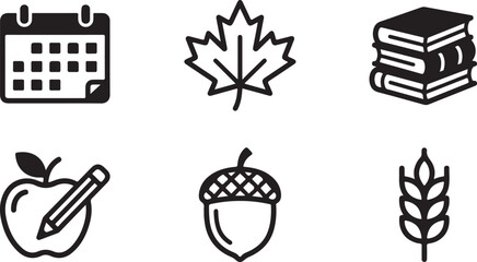 Fototapeta premium September autumn seasonal icon set featuring calendar, maple leaf, books, and harvest symbols.