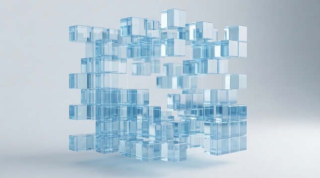 Abstract 3D composition of floating transparent glass cubes in a grid