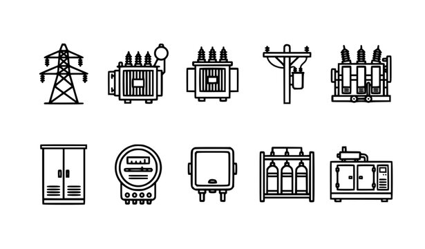 Electrical power grid infrastructure line icons set with high voltage transformers substation components utility distribution poles and industrial meters