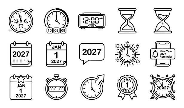 Untitled design - 1 New Year 2027 Countdown Icons &ndash; 15 Clock, Hourglass and Calendar Outline Vector Set