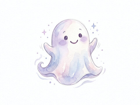 Cute tiny pastel watercolor ghost, perfect for halloween designs, childrens products, greeting cards, and fantasythemed projects.