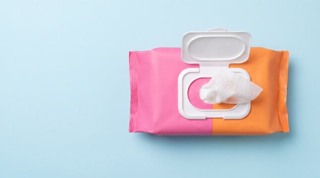 Open Wet Wipes Pack in Pink and Orange Packaging on Light Blue Background Clean Hygiene Concept