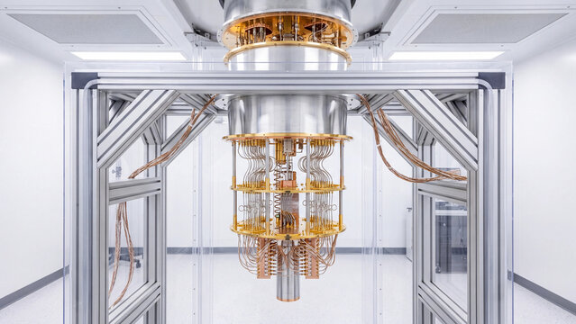 Cryostat dilution refrigerator holding a superconducting quantum computer in a clean laboratory.