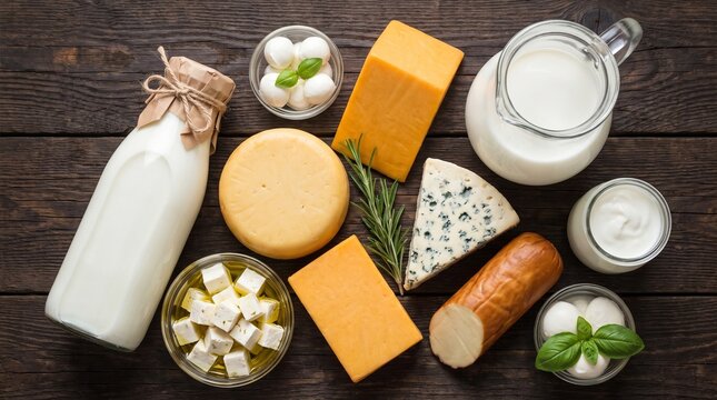 Dairy Products Assortment with Milk Bottle Cheese Wheels Yogurt and Feta on Dark Wooden Table Flatlay