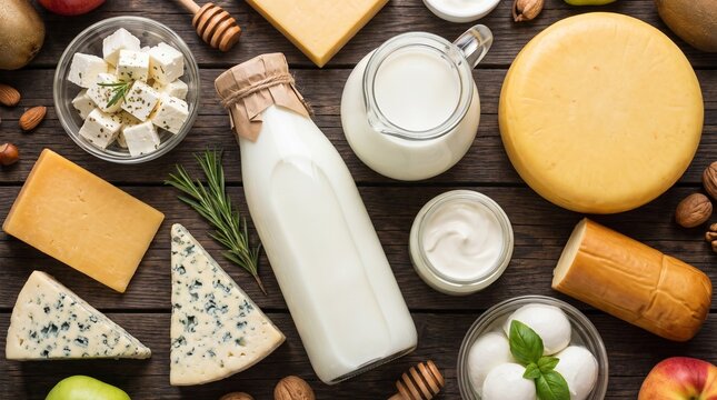 Dairy Products Flatlay with Milk Bottle Cheese Wheels Blue Cheese Feta and Yogurt on Wooden Table