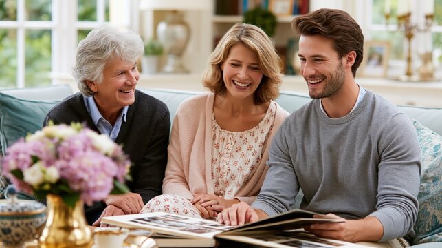 A happy multi-generational family reminiscing over a photo album on a comfortable sofa with soft indoor lighting and a floral centerpiece