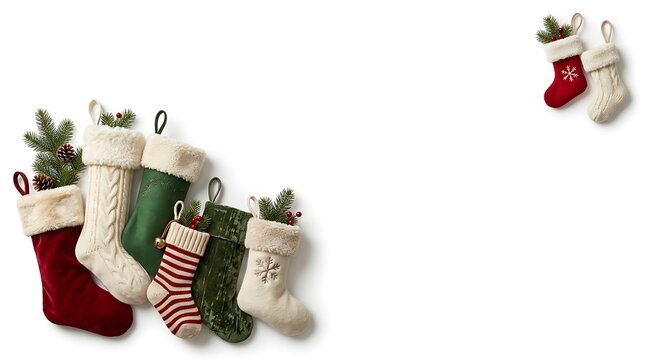 Assortment of hanging christmas stockings in red, green, and white colors with knitted textures and pine branch accents on white background