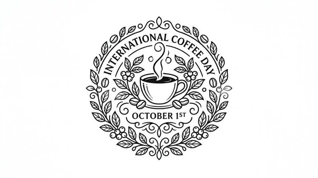 International Coffee Day emblem with steaming cup and laurel wreath vector design