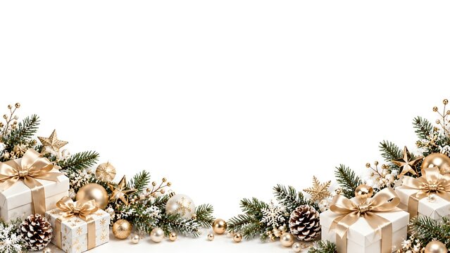 Festive christmas border with wrapped gift boxes pine branches and golden ornaments isolated on white background