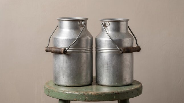 Vintage Aluminum Milk Cans on Rustic Weathered Green Wooden Stool Traditional Dairy Farm Concept