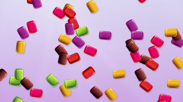 Colorful Rectangular Candy Pieces Bursting Over a Light Purple Background
