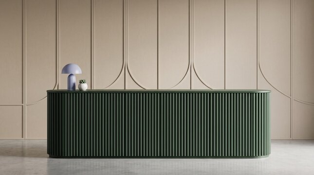 Modern Green Fluted Reception Desk with Minimalist Beige Arched Wall Panel Interior Background