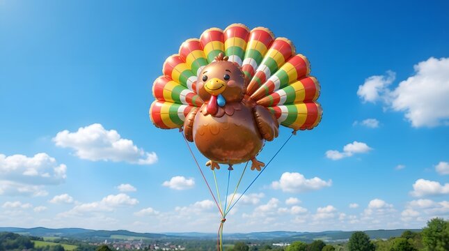 A cute cartoonstyle turkey balloon with colorful tail feathers floating against a bright blue sky with fluffy white clouds