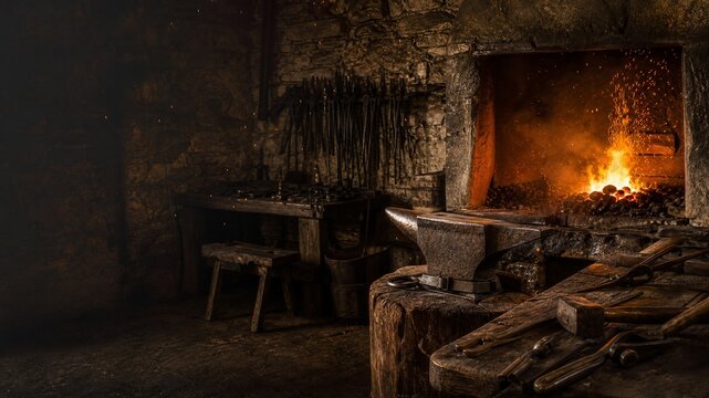 Medieval Blacksmith Workshop with Glowing Forge