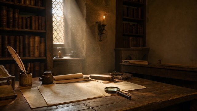 Sunlit Medieval Scriptorium with Parchment and Quill