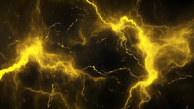 Abstract yellow energy waves and electric flashes flowing across a dark background