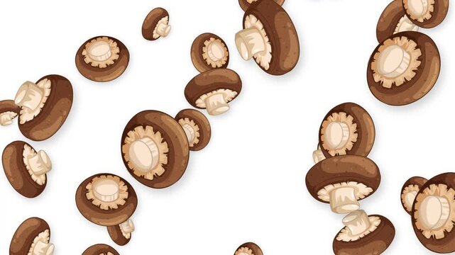 Falling Brown Cremini Mushrooms Animation on White Background