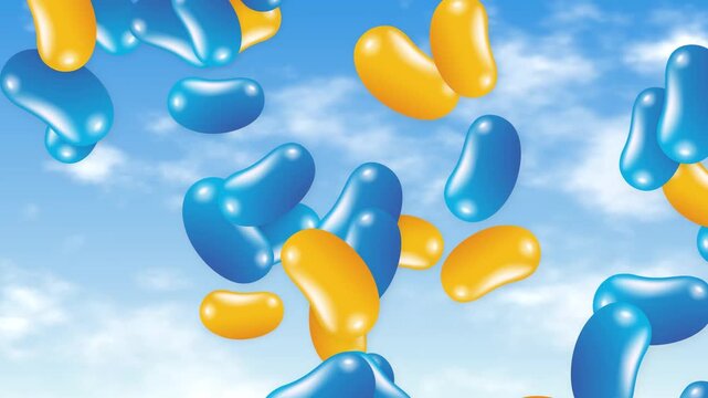 Colorful Blue and Orange Jelly Beans Falling Through Sunny Blue Sky