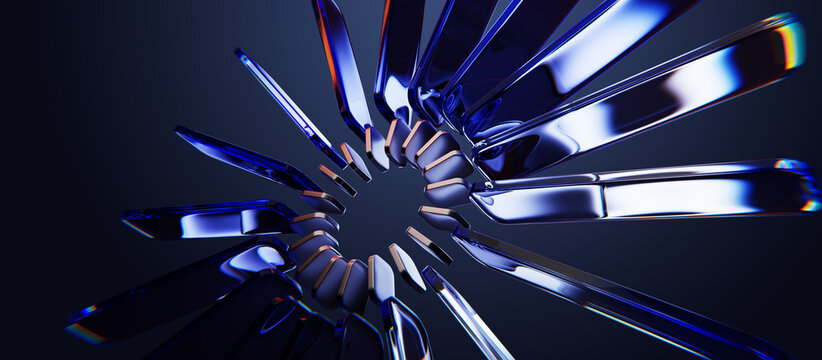 Radial lines 3d background with concentric ring. Glass circle pattern with glowing blue neon light rays, rainbow dispersion on dark bg. Abstract crystal stripes, geometric burst. 3D illustration